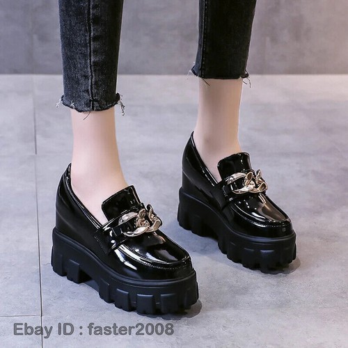 Mujeres Punk Mocasines Tacones Altos Plataforma Informal Imitación Cuero Cuña Zapatos Sin Cordones - Imagen 6 de 20