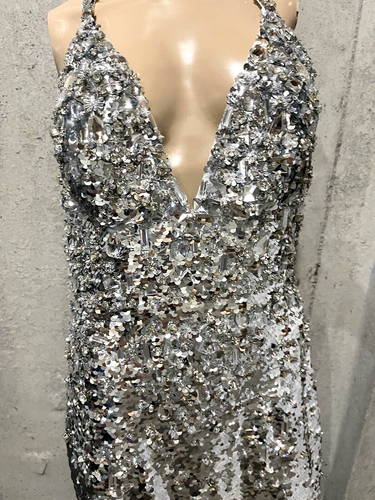 Carolina Herrera Sequin Embroidered Silver Bow Back Long Gown Maxi Dress US 8 - Picture 5 of 7