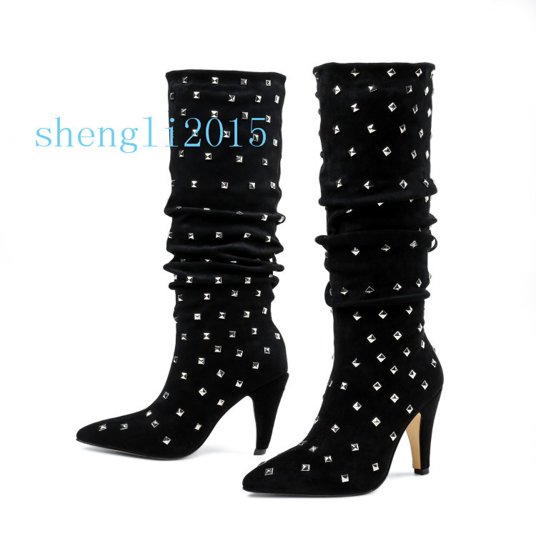 New New New Winter Lined Women Slouch Real Suede Leather Knee High Boot Rivet Stilettos e83e5f New New New Winter Lined Women Slouch Real Suede Leather Knee High Boot Rivet Stilettos e83e5f