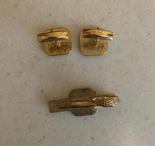 Vintage MCM Old English Monogram "P" Cufflinks & Tie Bar Clip Set Black & Gold - Picture 3 of 3