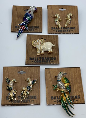 Rhinestone and Enamel Brooch and Earring Lot Bali Trading Co Birds Elephant - Picture 1 of 9