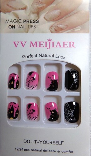 Hazlo Tú Mismo Uñas Rosa Brillante Halloween Espeluznante Diseño Casa Pegamento Corto - Imagen 3 de 3