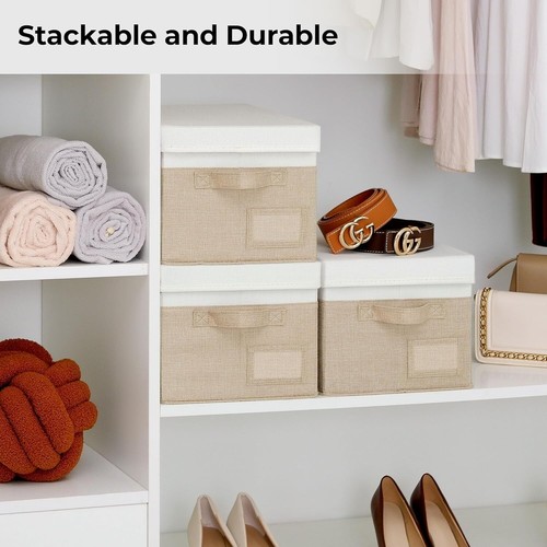 Space-Saving Khaki & Ivory Linen Storage Boxes for Clothes & Home Organization - Picture 5 of 9