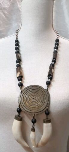 VTG Beaded Tribal Native Large Statement Necklace Spiral Brass Pendant Tusks 27" - Picture 3 of 11