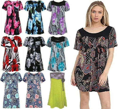 Women Ladies Plus Size Short Sleeves Scoop Neckline Floral Print Smock Tunic Top - Picture 1 of 37