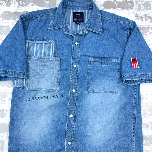 Vintage Bugle Boy Shirt Men Medium Blue Denim Pearl Snap Jean Patch Work Y2K - Picture 2 of 10