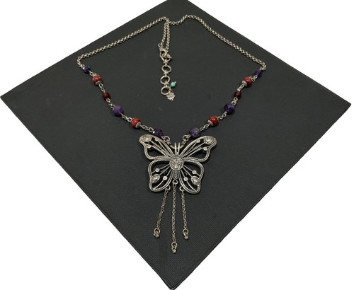 Vintage Lucky Brand Butterfly 2 Sided Pendant Necklace 24” Turquoise & Amethyst - Picture 3 of 9