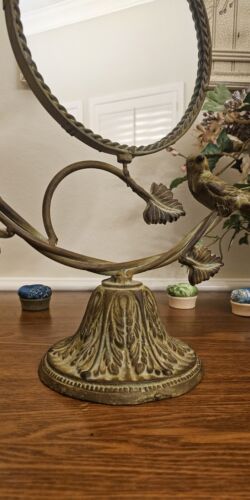 Vtg 19" Tall Iron Metal Round Mirror Stand Swivels With Bird & Ivy Vine Frame - Picture 3 of 10