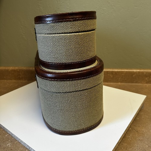 Set of 2 Paris France Burlap & Leather Oval Nesting Storage Boxes w/ Metal Clasp - Picture 13 of 15