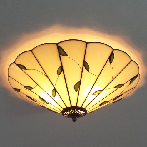 Tiffany Green Leaf Beige Stained Glass Shade Ceiling Lighting Semi Flush Mount - Picture 2 of 6