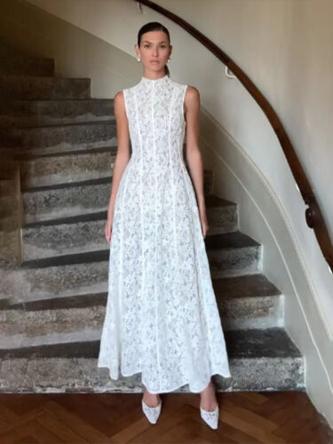 Women White Lace Pleated Long Dresses Sleeved Dress Fashion Lady Wedding Robes - Picture 4 of 16