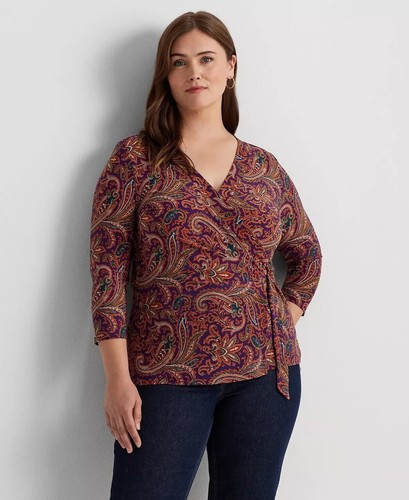 Lauren Ralph Lauren Womens Plus Size 2X Paisley Faux-Wrap Top 3/4 slv career