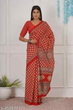 INDIAN BAGRU BLOCK PRINT PURE SOFT COTTON MULMUL SAREE SARI WITH BLOUSE PIECE