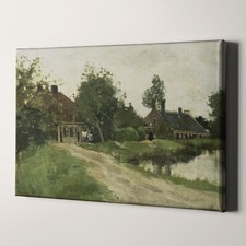 Country Landscape Farmhouse Vintage Oil Painting Green Canvas Wall Art Print