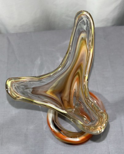 Vintage Sooner Stretched Art Glass Vase Coil Pedestal Brown Orange Yellow - Picture 5 of 8