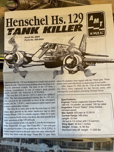 AMT ERTL Herschel Hs 129B Tank Hunter Plane 1/48 Scale 8684 War 2 Fighter German - Picture 9 of 12