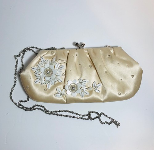 Nordstrom Ivory Floral Satin Clutch Handbag Cocktail with Gray Metallic Chain - Picture 5 of 5