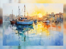 Serenity at Dusk: Boats at Sunset Oil Painting Print 5"x7"