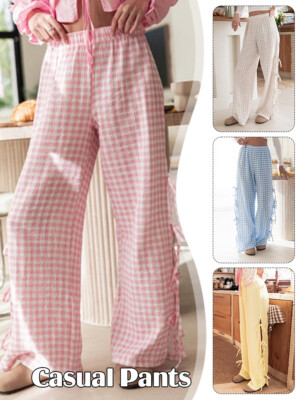 Women Wide-Leg Pants Plaid Print Side Tie-Up Trousers Loose