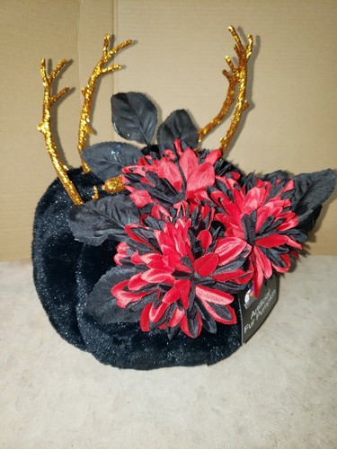 HAPPY HALLOWEEN Artificial Fur Pumpkin Black Floral Wicked - Picture 3 of 3