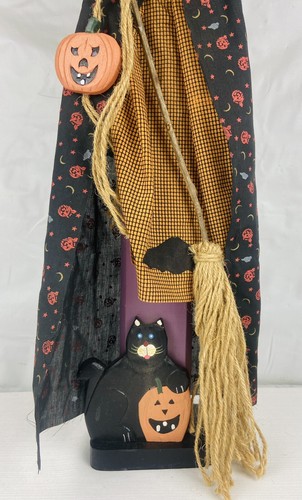 VTG Halloween 26” Wooden Witch Broom Moving Arms Pumpkin Black Cat Decorations - Picture 7 of 10