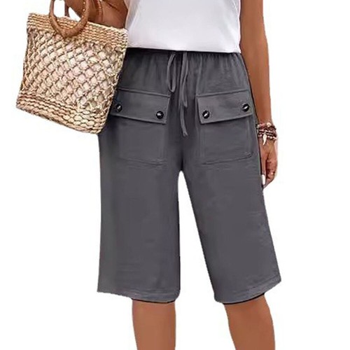 Short Pants Drawstring Elastic Waist Casual Shorts Knee Length Solid Color New v - Picture 2 of 17