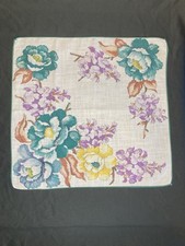 VTG Floral Handkerchief Pink Blue Purple Orange  White 12  x 12.5  Hankerchief