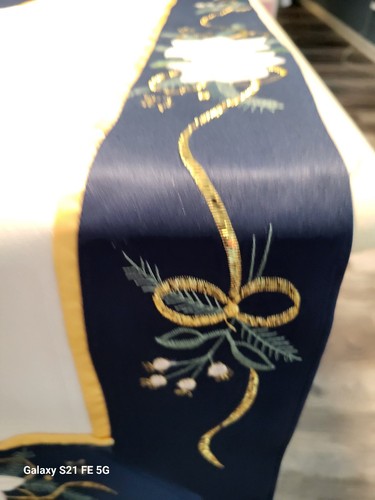 Weihnachten weißer Weihnachtsstern marineblau/gold elegant Tischläufer Band 104 x 17 - Bild 4 von 16
