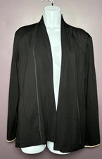 H Halston Black Blazer Size Medium Open Front Knit Office Jacket Ivory Trim