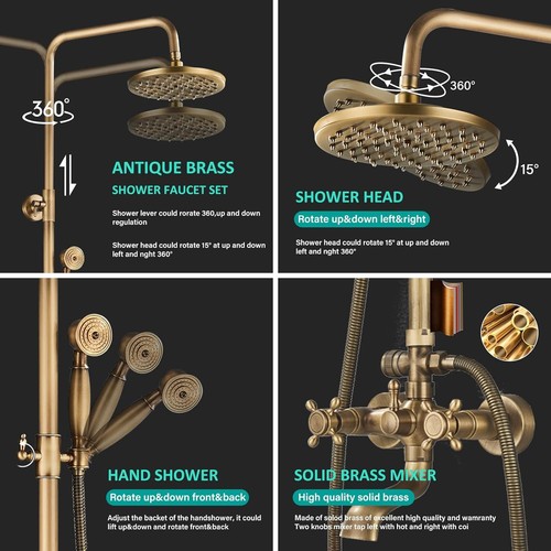 3-Function Antique Brass Shower Faucet System with Hand Sprayer & Tub Spout - Picture 6 of 10