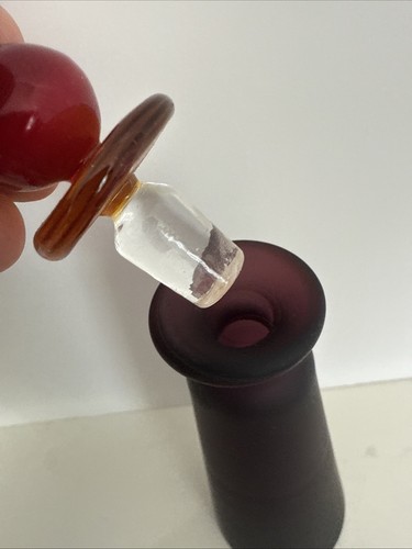 Amethyst satin glass perfume bottle/ Art Glass with glass beaded stopper 8” Tall - Picture 5 of 6