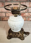 VINTAGE MILK GLASS PARLOR LAMP WITH BRASS BASE AND NIGHT LIGHT MISSING SHADE