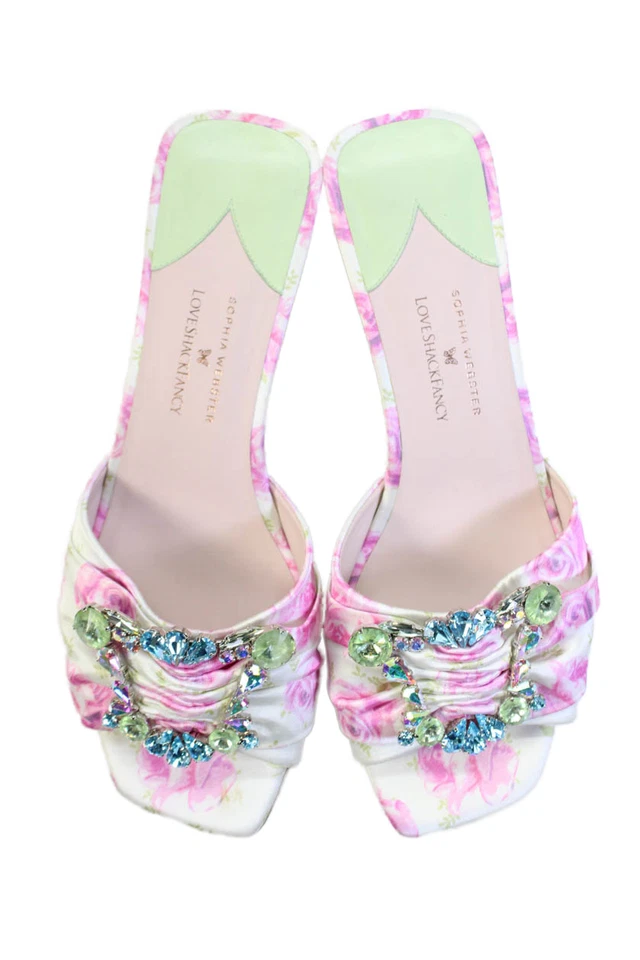 Sandalias de tacón Sophia Webster X Love Shack elegantes florales sin cordones blancas talla 8 Foto 2 de 4