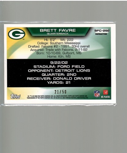 BRETT FAVRE ROAD TO 420 CHROME REFRACTOR 21/50 292 2008 TOPPS CHROME FOOTBALL - Picture 2 of 2