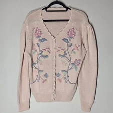 Vtg Embroidered Pink Cardigan Sweater M Grandma Cottagecore Floral Romantic