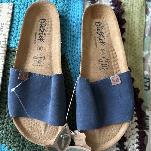 BioStep marineblaue Wildleder-Pantoletten flache Sandalen bequemes Korkfußbett - Größe 8