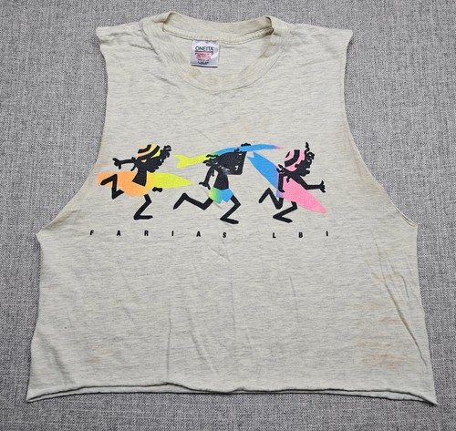 Vintage Farias LBI Shirt Herren Large grau Surf Grafik Strand Tank Top Cutoff 90s