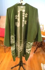 Vintage 1960's Japanese Kimono All Rayon Green Robe; Hand Painted Dragon Design