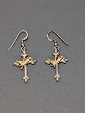 Vintage Sterling Silver Fleur de Lis Cross Gold Tone Bull Rider Dangle Earrings