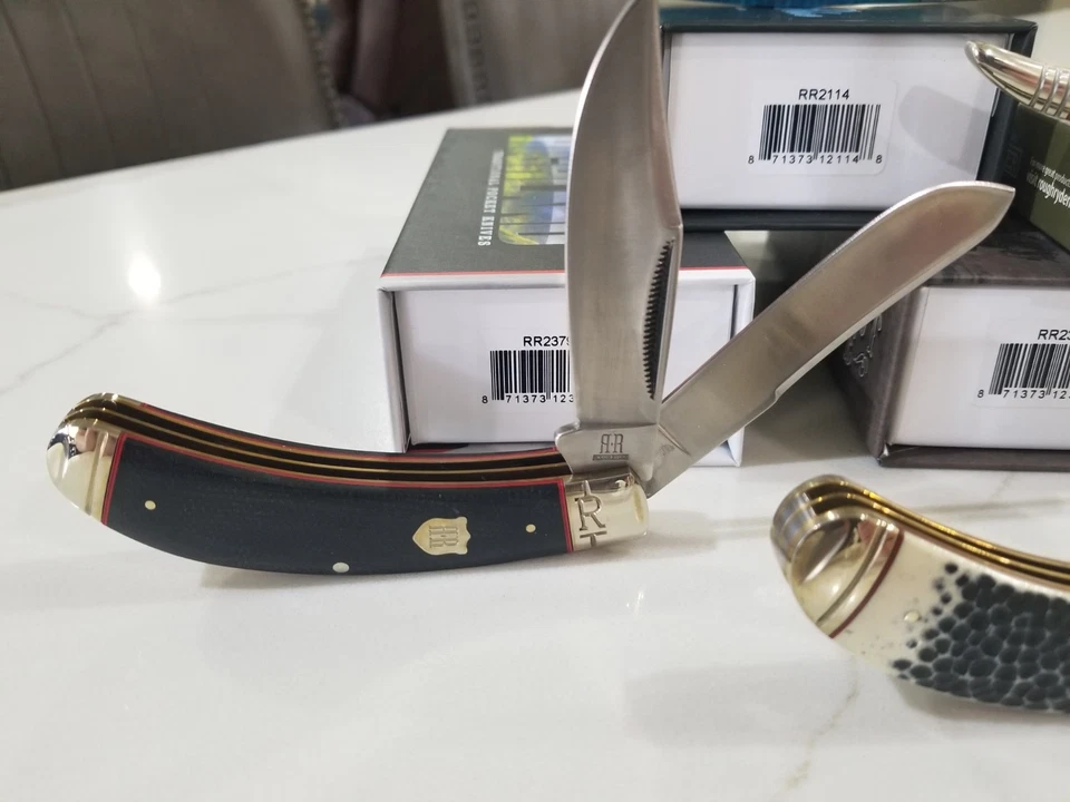 LOTE de 5 cuchillos Rough Rider Buckshot/Blue Bone Denim Micarta Ram's Horn NUEVO EN CAJA Foto 3 de 4