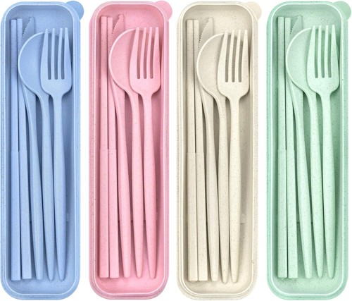 4 Sets Travel Utensils with Case, Cutlery Set Pink, Beige, Blue, Green  - Foto 1 di 7