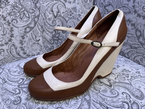OFFICE London CREAM BROWN TAN VINTAGE STYLE WEDGE SHOES size 6 UK 39 EUR - Picture 2 of 14