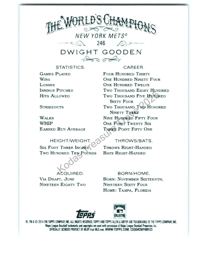 Dwight Gooden #246 New York Mets 2014 Topps Allen & Ginter Near Mint or Better - Image 2 of 2