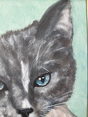 Arte de pared retrato gato gris ojos azules pintura al óleo original enmarcada 7x5 gato - Imagen 5 de 9