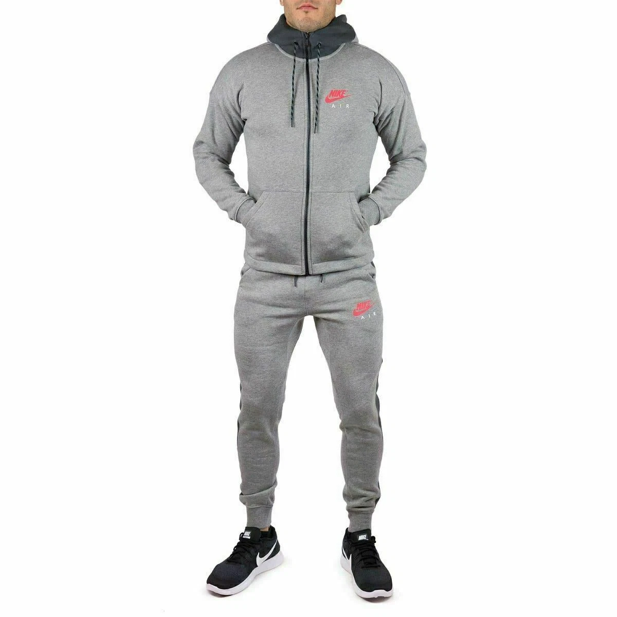 Nike Air Grey Red Tracksuit Fleece Hoodie Joggers Sweatpants Hoody Bottoms