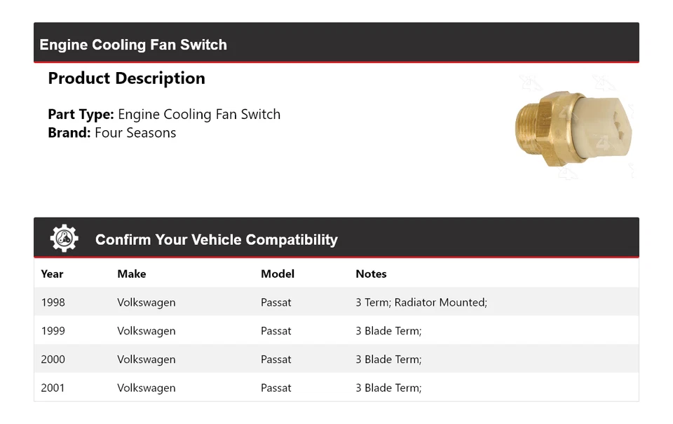 For 1998-2001 Volkswagen Passat Engine Cooling Fan Switch 4 Seasons 1999 2000 - Image 2 of 4
