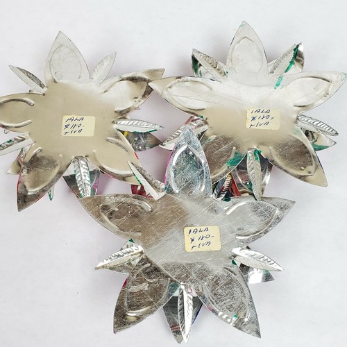 Vtg Kitsch Christmas Candle Holders (3) ~ Bright Silver Metal Flowers Folk Art - Picture 5 of 7