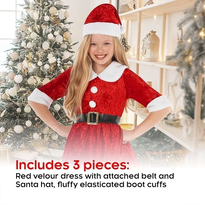 Kids Miss Santa Costume + Hat Girls Mrs Claus Christmas Dress Xmas Party Outfit - Image 3 of 4