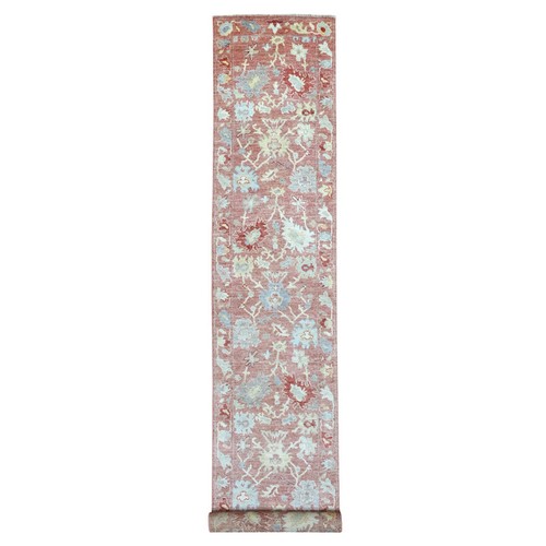 3'x19'9" Hand Knotted Coral Red Angora Oushak Pure Wool XL Runner Rug G69321 - Picture 1 of 6