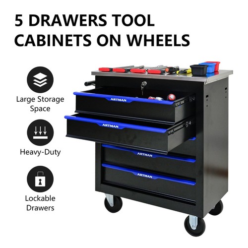 5 DRAWERS MULTIFUNCTION TOOL CART WITH WHEELS, 25.9' x 13.6' x 26.4', Black - Picture 2 of 9